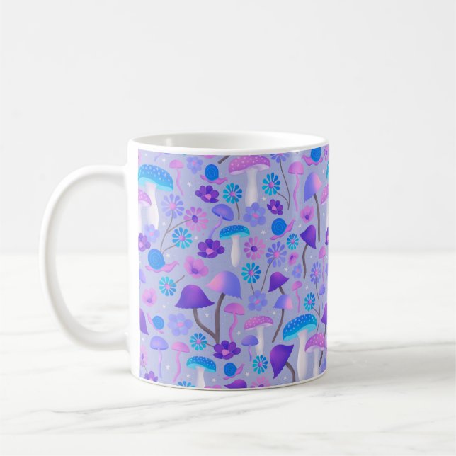 Cute Botanical Mushrooms Flowers Purple Turquoise Coffee Mug (Left)