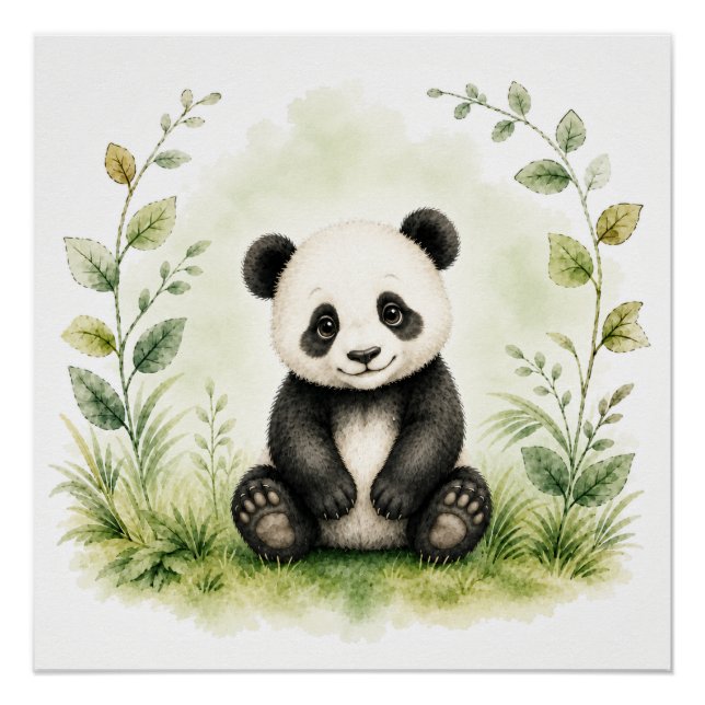 Cute Botanical Panda Watercolor Wildlife Poster (Front)