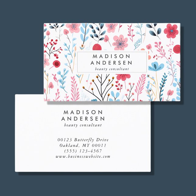 Cute Botanical Pink Blue Modern Floral Business Card (Creator Uploaded)