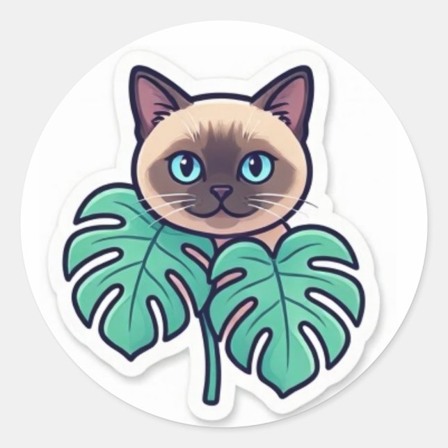 Cute Botanical Siamese Cat With Leaves Sticker   (Front)