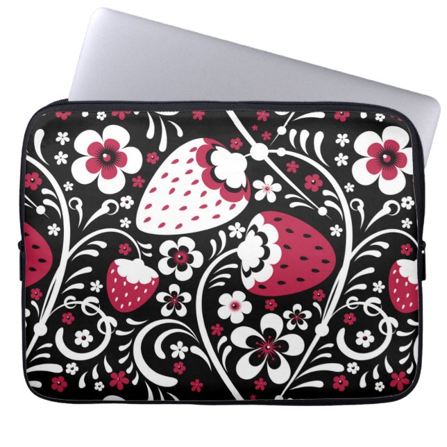 Cute Botanical Strawberry Fields Khokhloma Pattern Laptop Sleeve (Front)