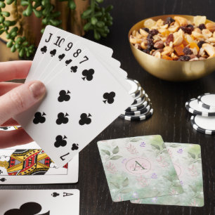 Cute Botanical Whimsical Leaves Monogram Playing Cards