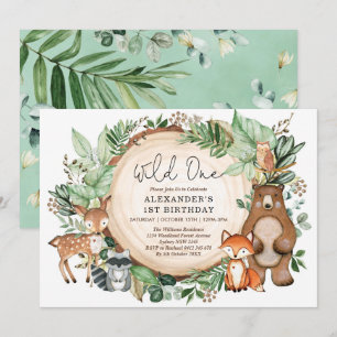 Cute Botanical Woodland Animals Wild One Birthday Invitation