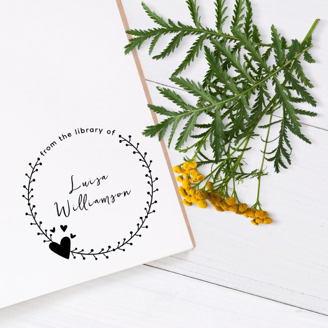 Cute Botanical Wreath and Hearts Custom Book Self-inking Stamp (Cute Botanical Wreath and Hearts Girly Custom Book Self-inking Stamp)