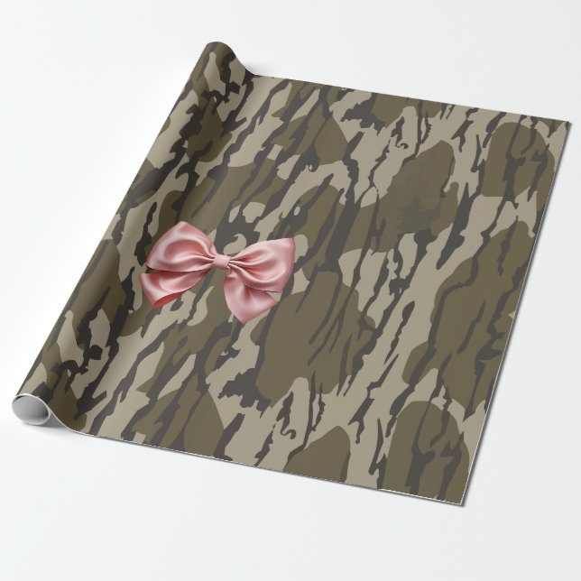 Cute Bottomland Camo Aesthetic Pink Ribbon Bow Wrapping Paper (Unrolled)