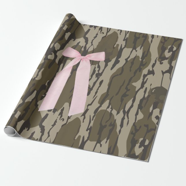 Cute Bottomland Camo Aesthetic Pink Ribbon Wrapping Paper (Unrolled)