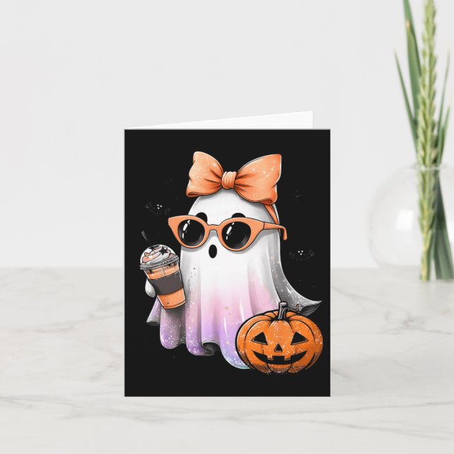 Cute Bougie Ghost Coffee Pumpkin Spooky Season Hal Card (Front)
