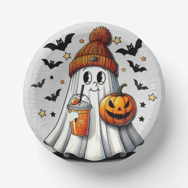 Cute Bougie Tricker Treating Halloween Ghost  Paper Plate (Front)