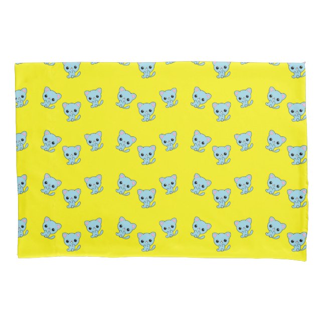 Cute bouncy blue kitten on yellow pillowcase (Front)