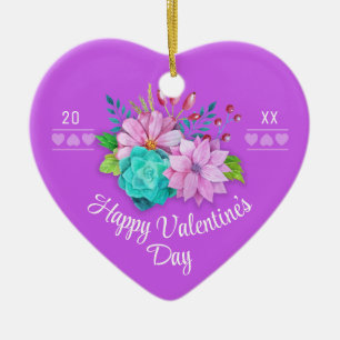 Cute Bouquet with Name on Bright Pink Valentine Ceramic Ornament