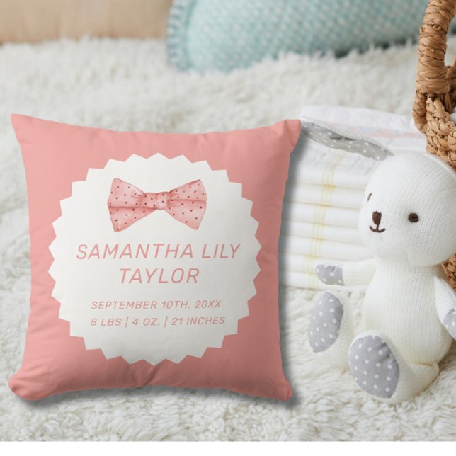 Cute Bow Birth Stats Newborn Baby Throw Pillow (Creator Uploaded)