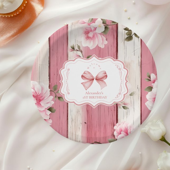 Cute Bow Floral Fancy ONE Girl 1st Birthday  Paper Plate (Creator Uploaded)