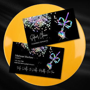 Cute Bow Maid Cleaning House Sparkling Holograph Business Card