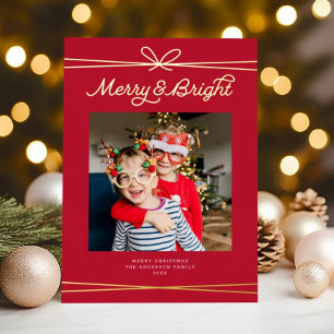 Cute Bow Merry & Bright Photo Red + Gold  Foil Holiday Card