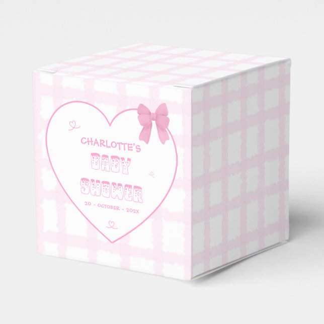 Cute Bow Pastel Pink Gingham Baby Shower Favour Box (Front Side)