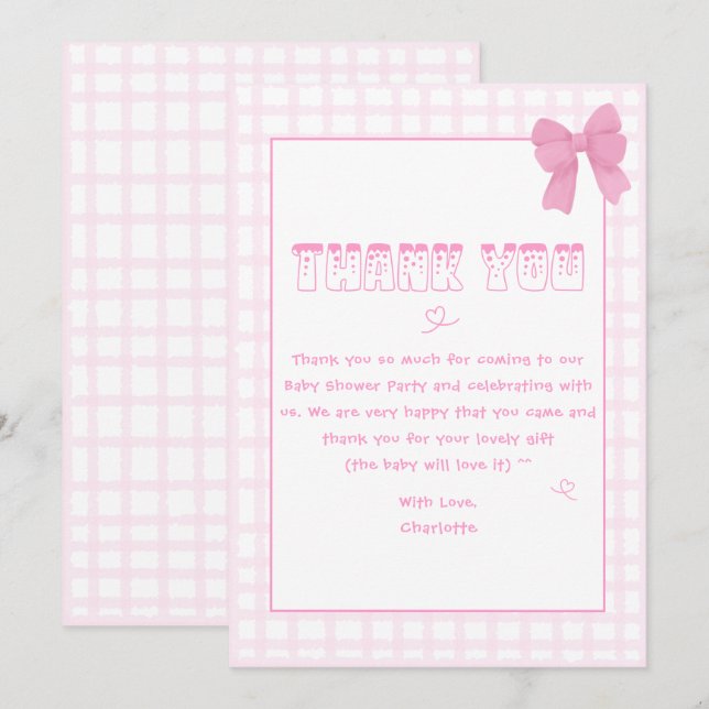 Cute Bow Pastel Pink Gingham Baby Shower Thank You Card (Front/Back)