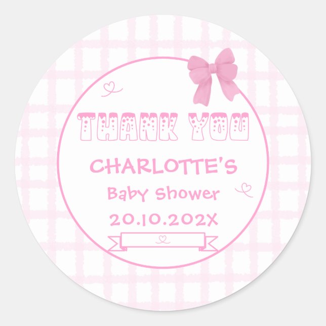 Cute Bow Pastel Pink Gingham Baby Shower Thank You Classic Round Sticker (Front)