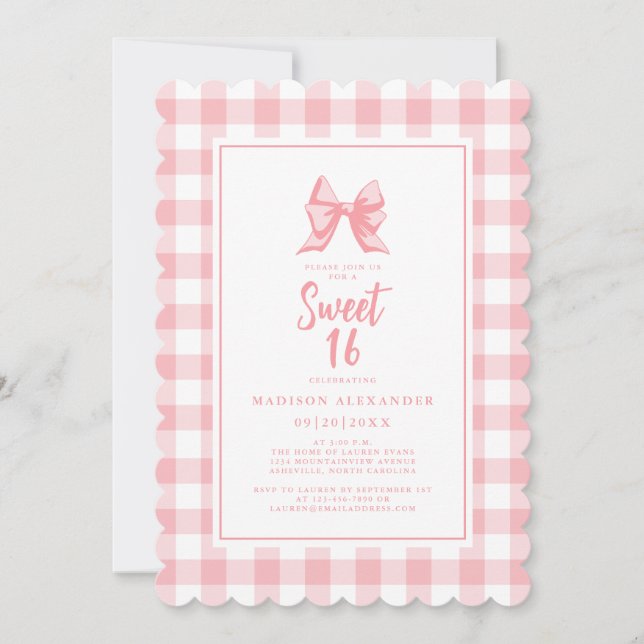 Cute Bow Pastel Pink White Gingham Check Birthday Invitation (Front)