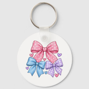 Cute Bow Ribbon Pattern – Pink Blue & Purple Bow  Key Ring