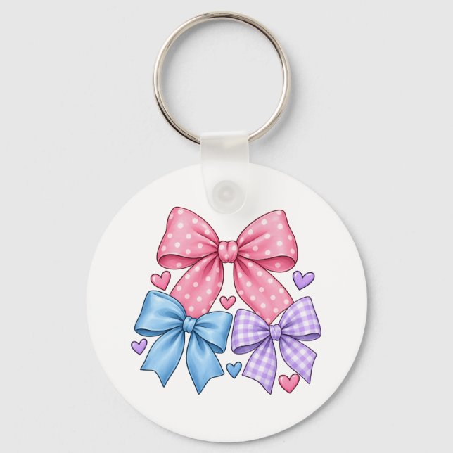 Cute Bow Ribbon Pattern – Pink Blue & Purple Bow  Key Ring (Front)