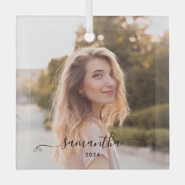 Cute Bow Signature Name Glass Tree Decoration (Front)