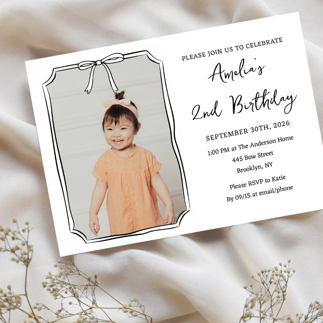 Cute Bow Simple Photo Black & White Kids Birthday Invitation (Creator Uploaded)