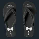 Cute Bow Tie & Buttons Black Groomsman Wedding Thongs<br><div class="desc">These cute flip flops are a great way to thank the groomsmen at your wedding. They feature a cute & fun design with a white bow tie and buttons on a black background with his name and title.</div>