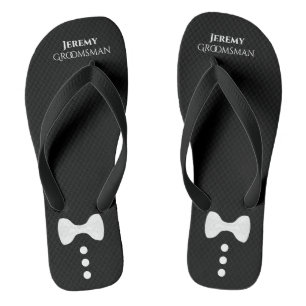 Cute Bow Tie & Buttons Black Groomsman Wedding Thongs