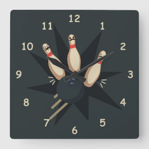 Cute Bowling Ball Striking Scared Pins Square Wall Clock