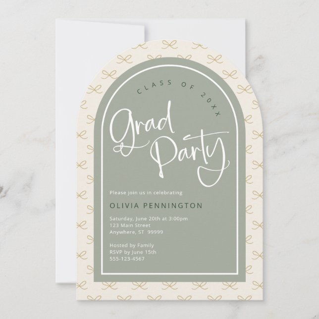 Cute Bows Sage Green Gold Photo Graduation Party  Invitation (Front)
