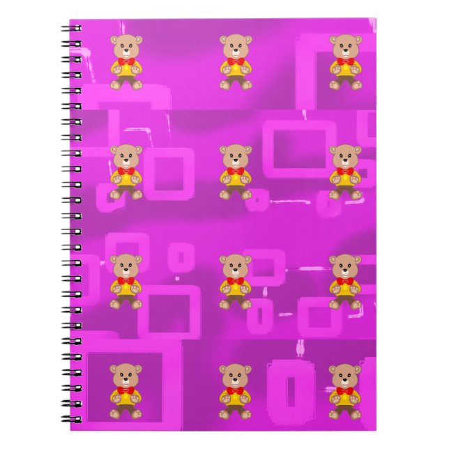 Cute Bowtie Bear on Pink Geometric Notebook (Front)