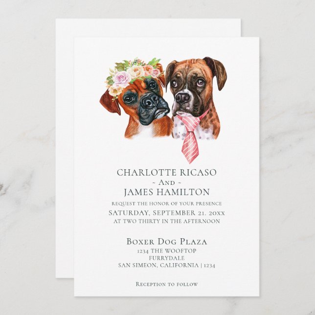 Cute Boxer Dog Bride and Groom Wedding Invitation (Front/Back)