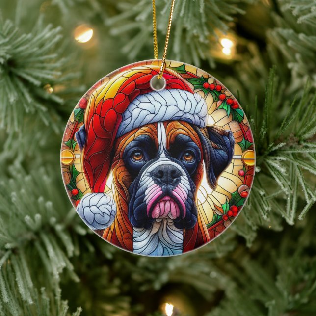 Cute Boxer Dog Christmas Ceramic Ornament (Tree)