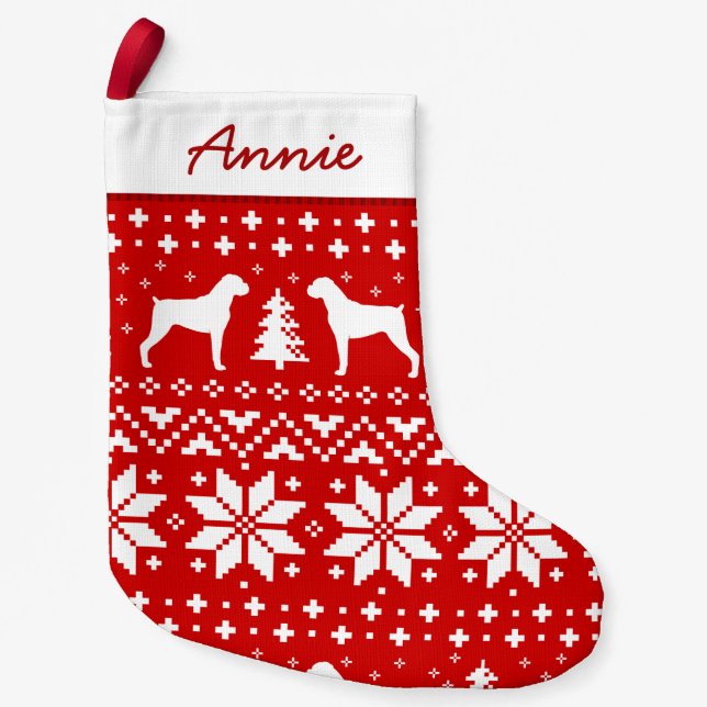 Cute Boxer Dog Silhouettes Holiday Pattern Xmas Small Christmas Stocking (Front)