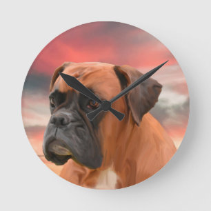 Cute Boxer Dog Water Colour Oil Painting Art Round Clock