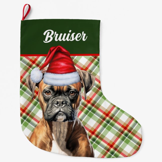 Cute Boxer Dog with Holiday Plaid Personalised Large Christmas Stocking (Front)