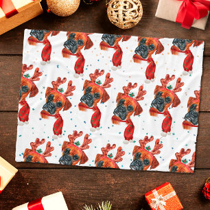 Cute Boxer Dog with Reindeer Antlers Christmas Fleece Blanket