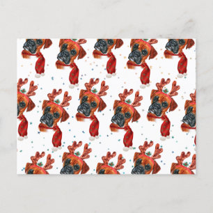 Cute Boxer Dog with Reindeer Antlers Christmas Holiday Postcard