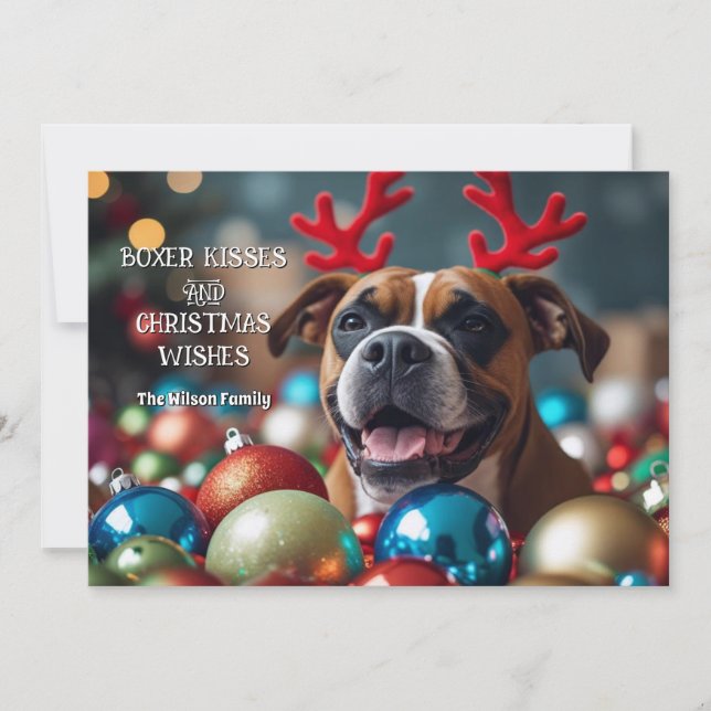 Cute Boxer Kisses & Christmas Wishes Personalised Holiday Card (Front)