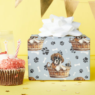 Cute Boxer Puppy in Basket Paw Print Wrapping Paper