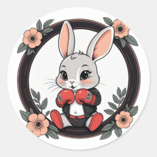 Cute Boxing Bunny with Flowers Classic Round Sticker