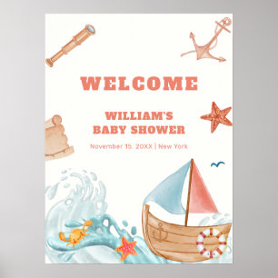 Cute Boy Adventure Sailboat Baby Shower Welcome Poster