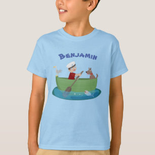 Cute boy and dog rowing boat cartoon T-Shirt