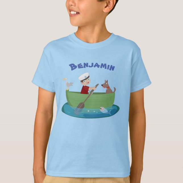Cute boy and dog rowing boat cartoon T-Shirt (Front)