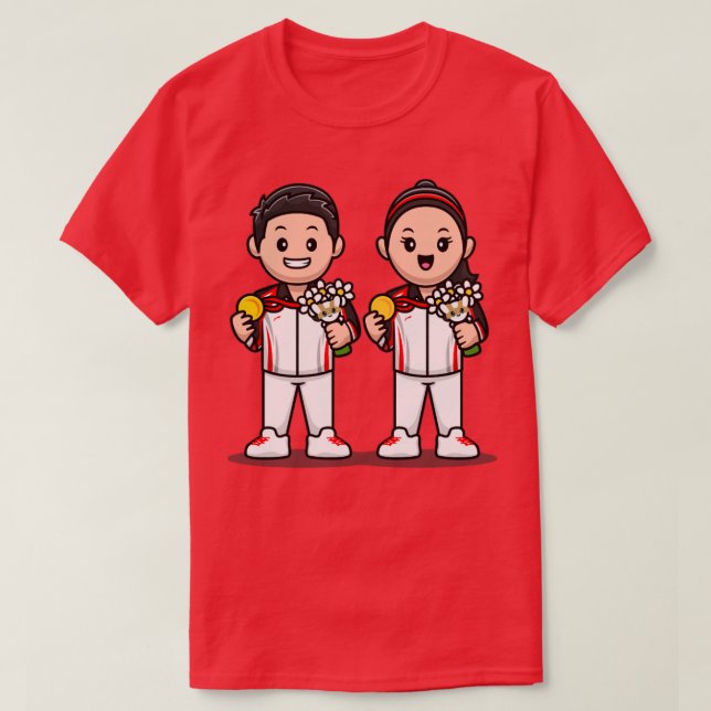 Cute Boy And Girl Winning Champion Cartoon T-Shirt (Design Front)