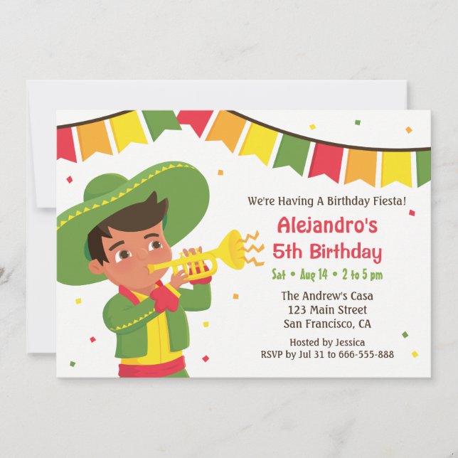 Cute Boy and Trumpet Mexican Fiesta Birthday Party Invitation (Front)