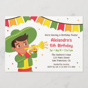 Cute Boy and Trumpet Mexican Fiesta Birthday Party Invitation
