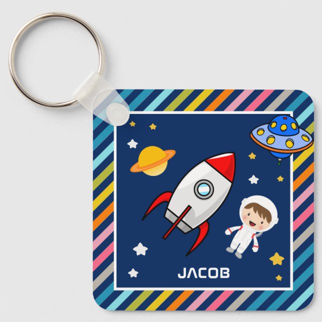 Cute Boy Astronaut Outer Space Rocket Kids Room Key Ring (Front)