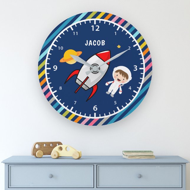 Cute Boy Astronaut Outer Space Rocket Kids Room Large Clock (Creator Uploaded)