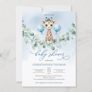 Cute boy baby giraffe eucalyptus baby shower invitation